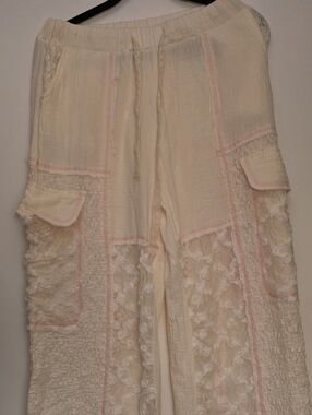 POL Cream Wide-Leg Cargo Pants with Pink Trim and Lace Panels